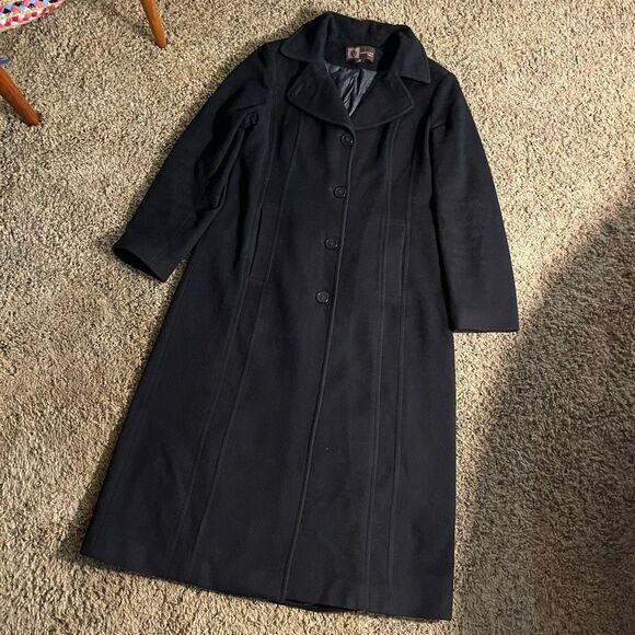 VTG Anne Klein Black Wool Cashmere Full Length Coat 14 A-Line Lined Button Front - Picture 4 of 12